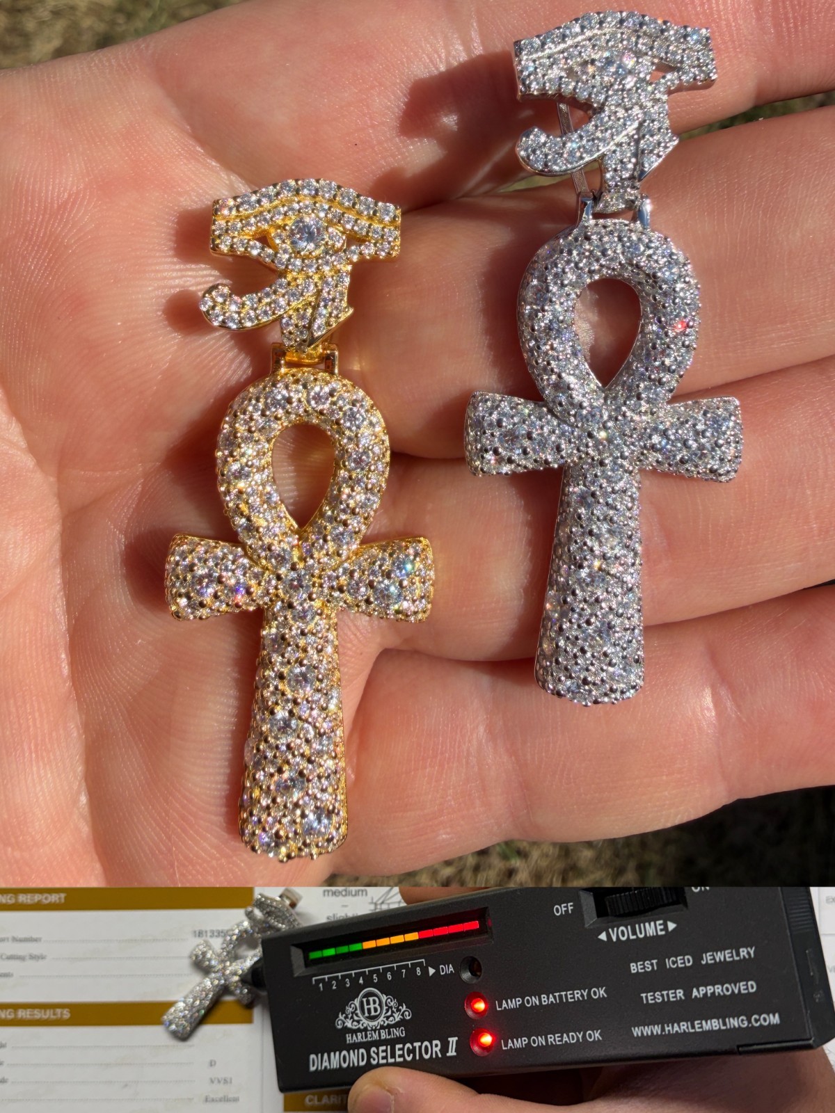 Moissanite Ankh Mosaic Set Cross Eye Of Horus Pendant – 925 Silver 2″ Necklace