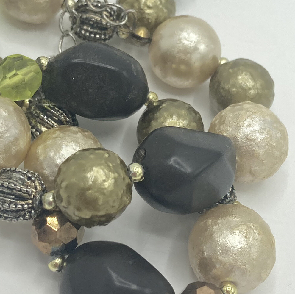Green Brown Cream/ Champagne Color Textured Beaded 16” Single Strand Necklace