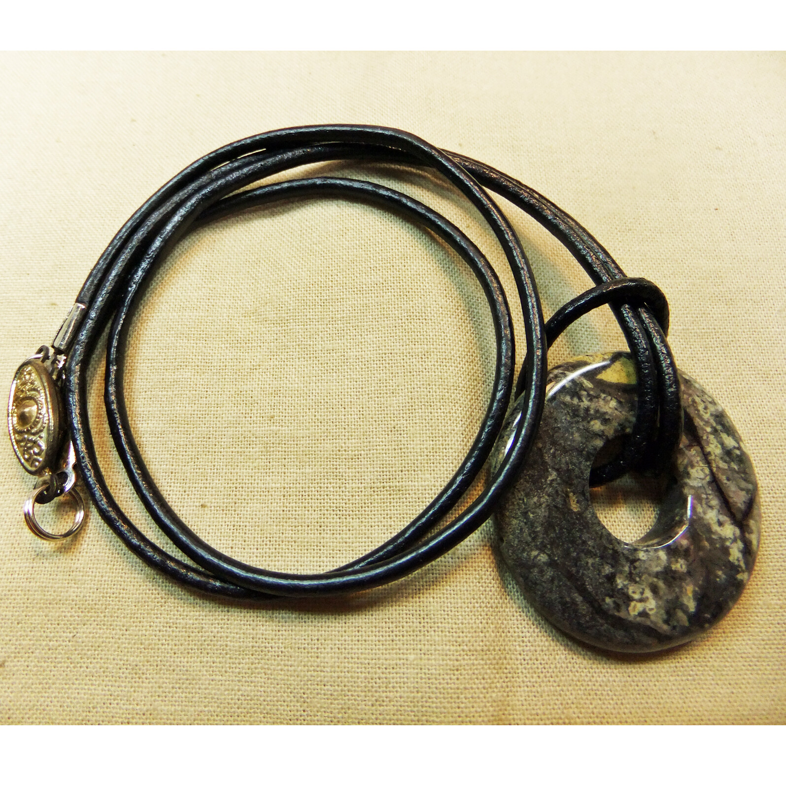 Black Gray Yellow Jasper Small 1 1/8″ Stone Donut Leather Cord Necklace NEW #64