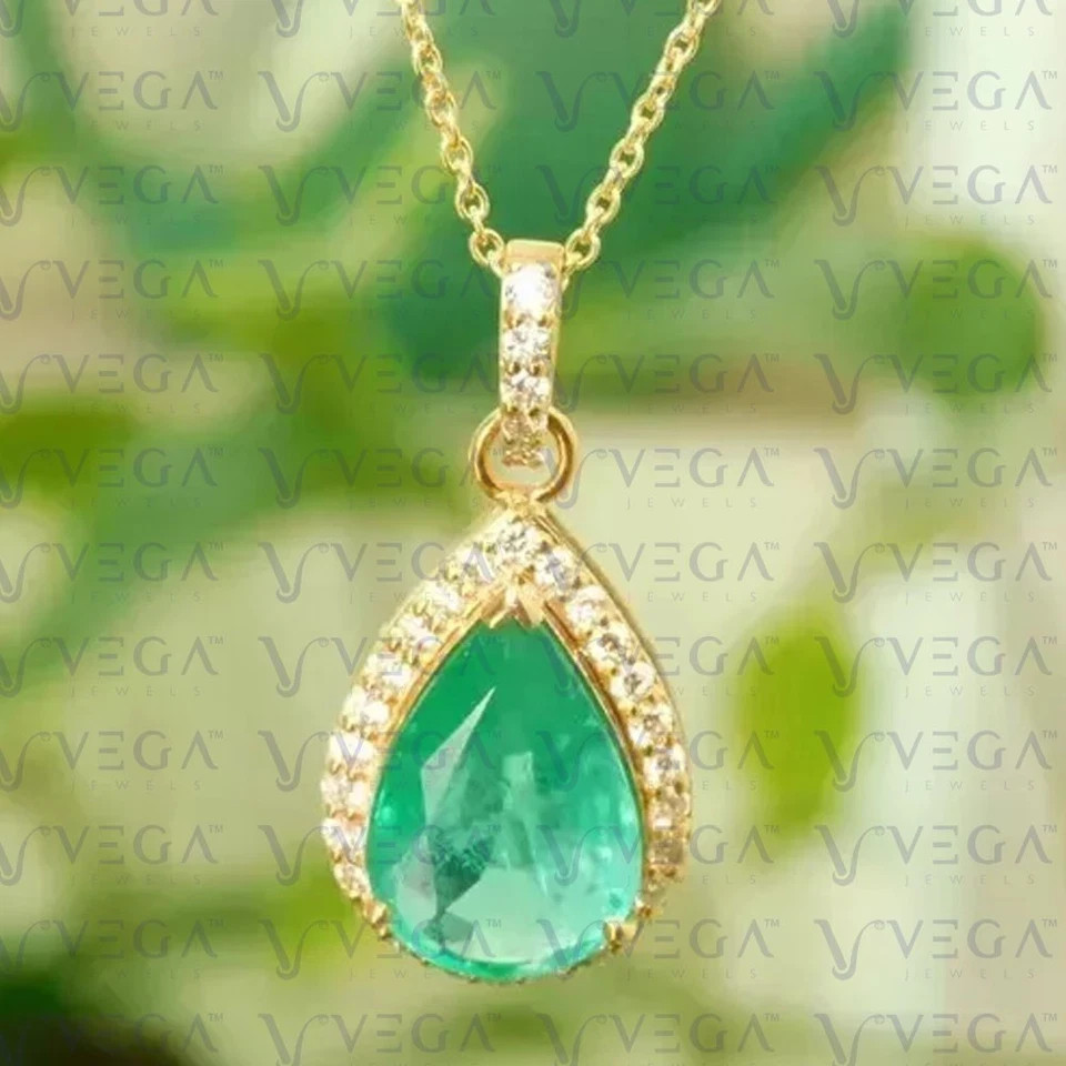 3.42 Ct Pear Cut Emerald Pendant Wedding Pendant 14K Yellow Gold