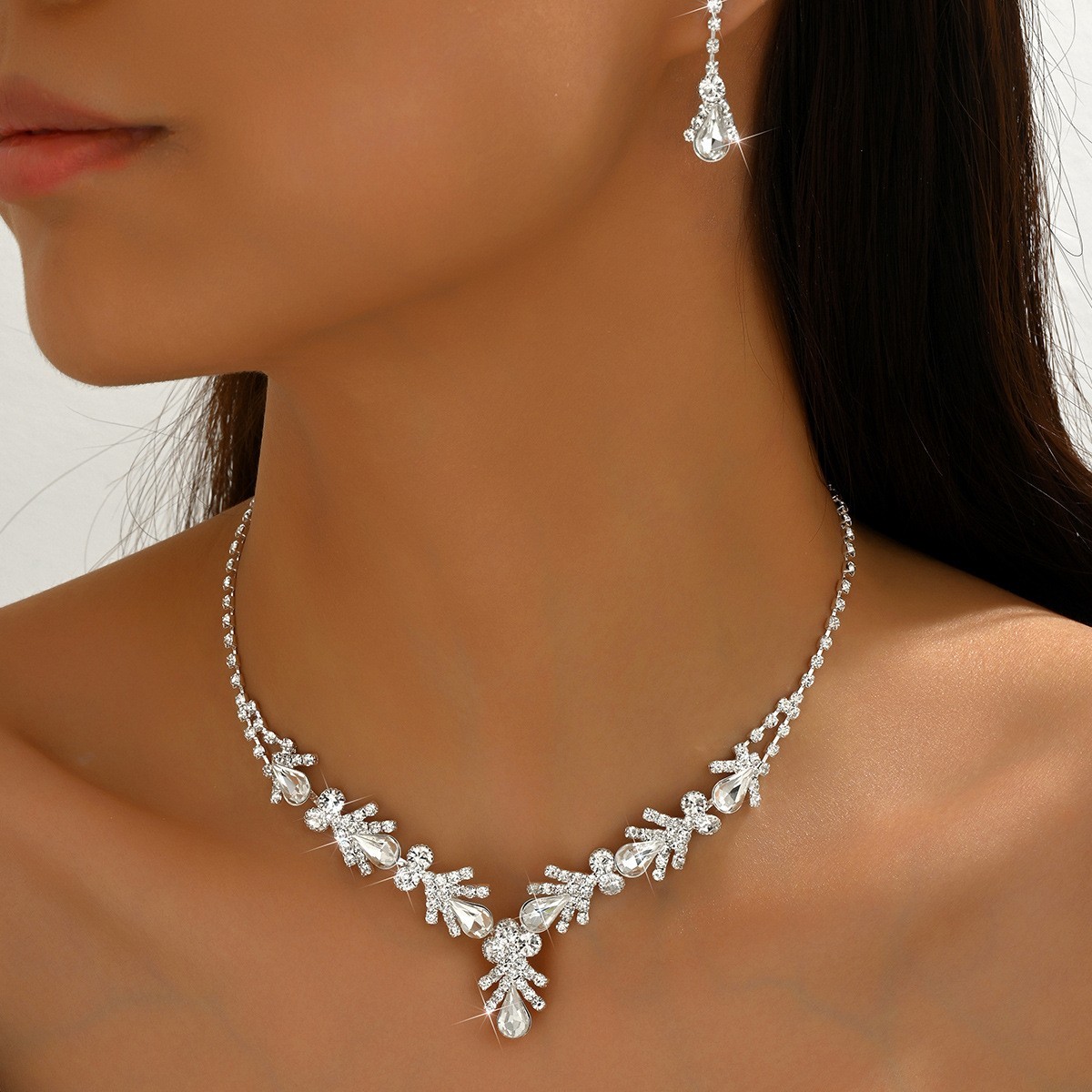 Bridal Prom Rhinestone Necklace Set Bracelet Earrings Silver Elegant Wedding Set