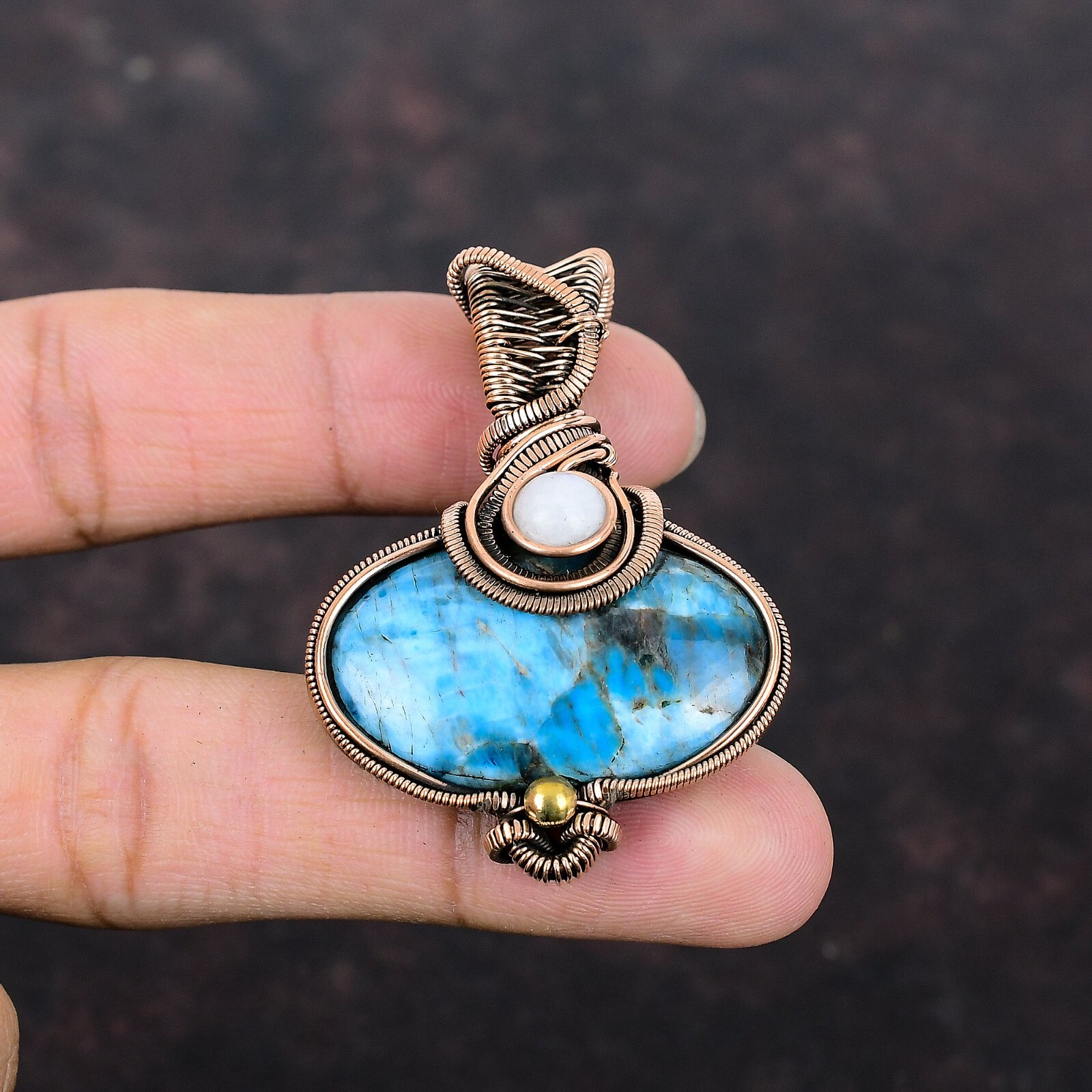 Anniversary Gift For Her Neon Apatite Wire Wrapped Pendant Copper Jewelry 2.13″