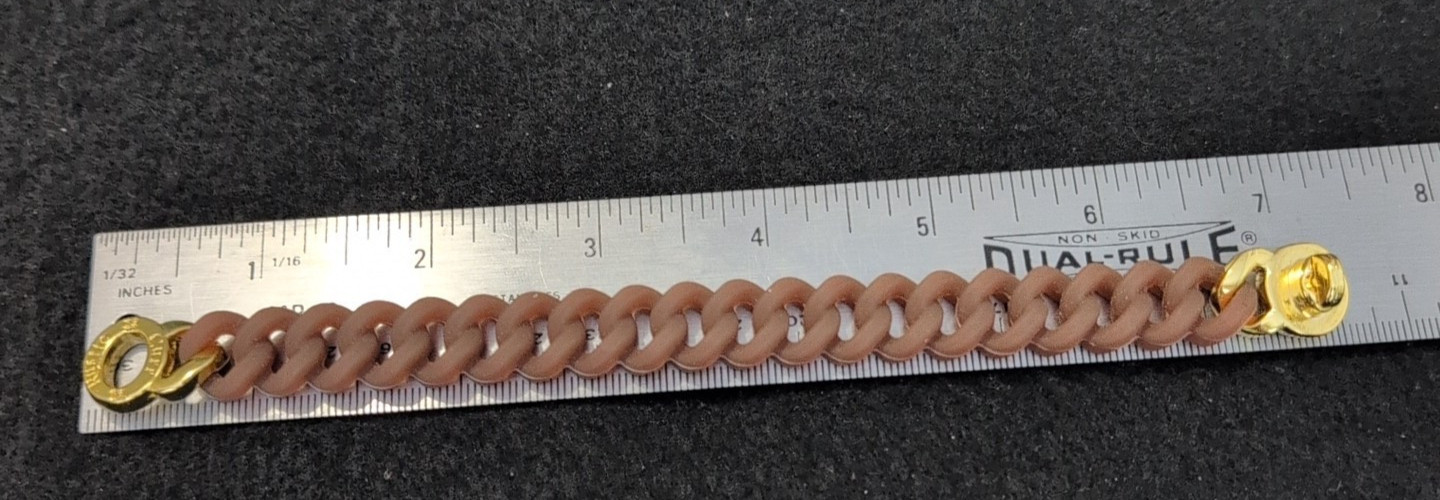 Rustic Cuff Bracelet Gold Logo Turn Lock Clasp Brown Silicone Stretch Mock Chain