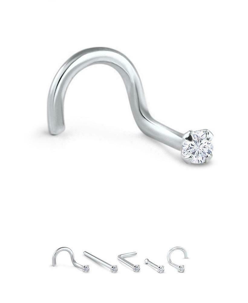 24K White Gold Screw L Bend Nose Bone Stud Ring Genuine Diamond 22G 20G 18G