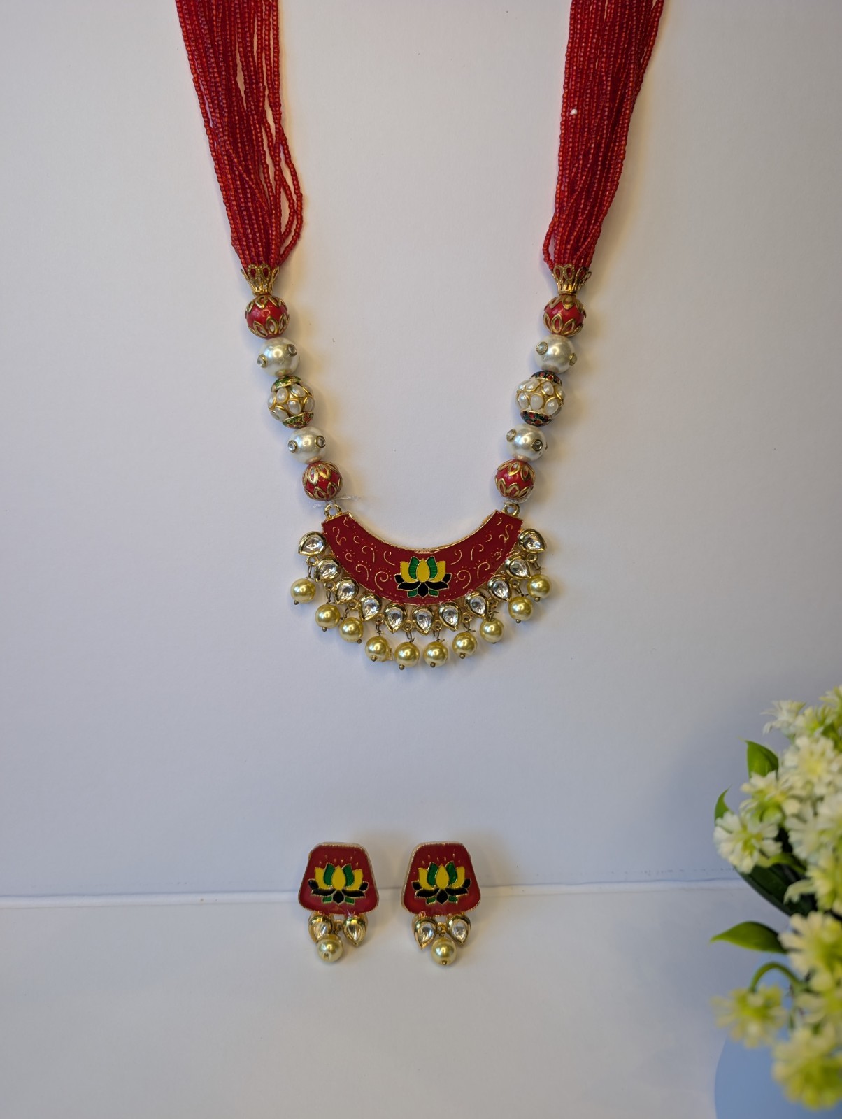 Handmade Lotus Thread Necklace Set Red Meenakari Pearl Indian Ethnic Jewelry