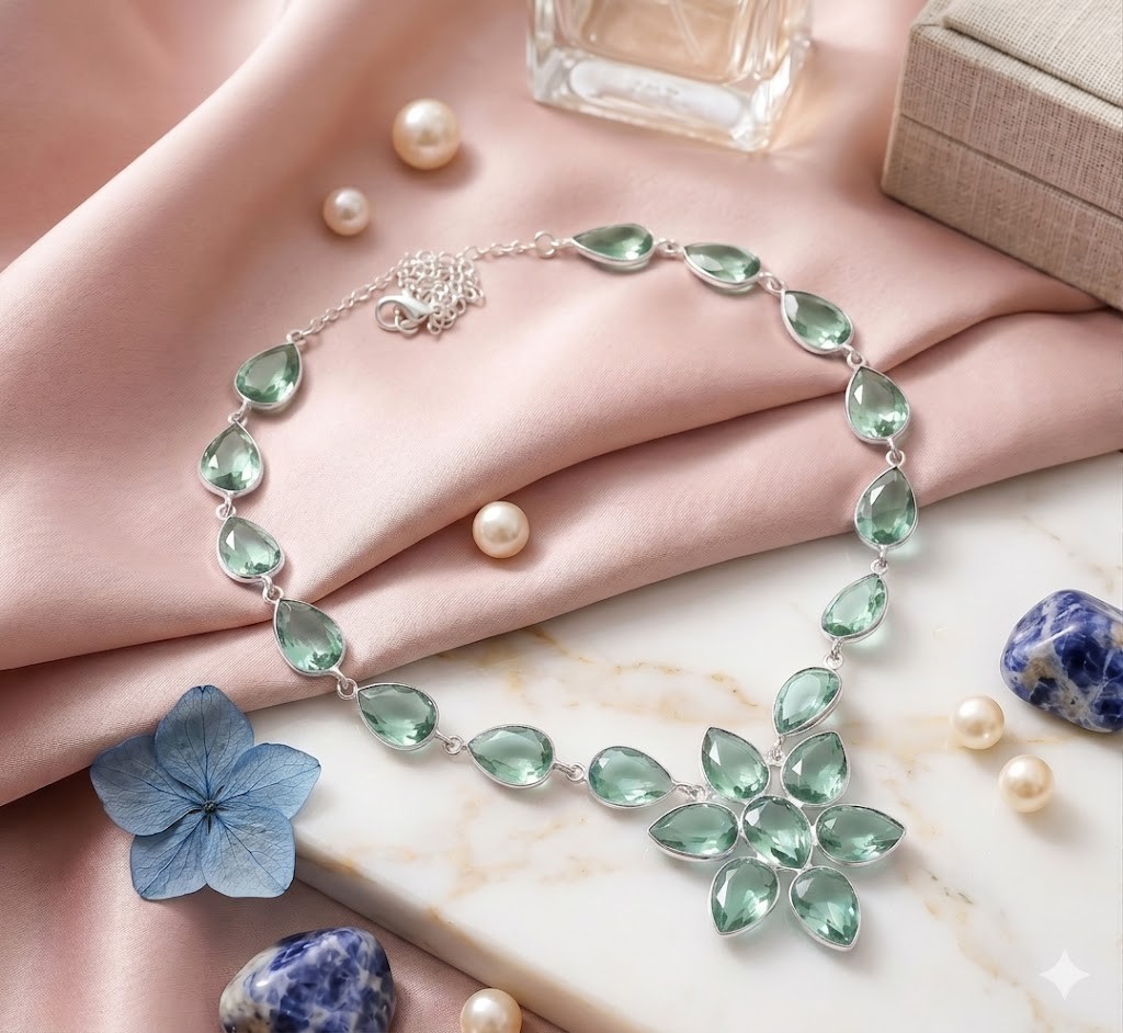 925 Sterling Silver Green Amethyst Gemstone Handmade Jewelry Necklace Size-18″
