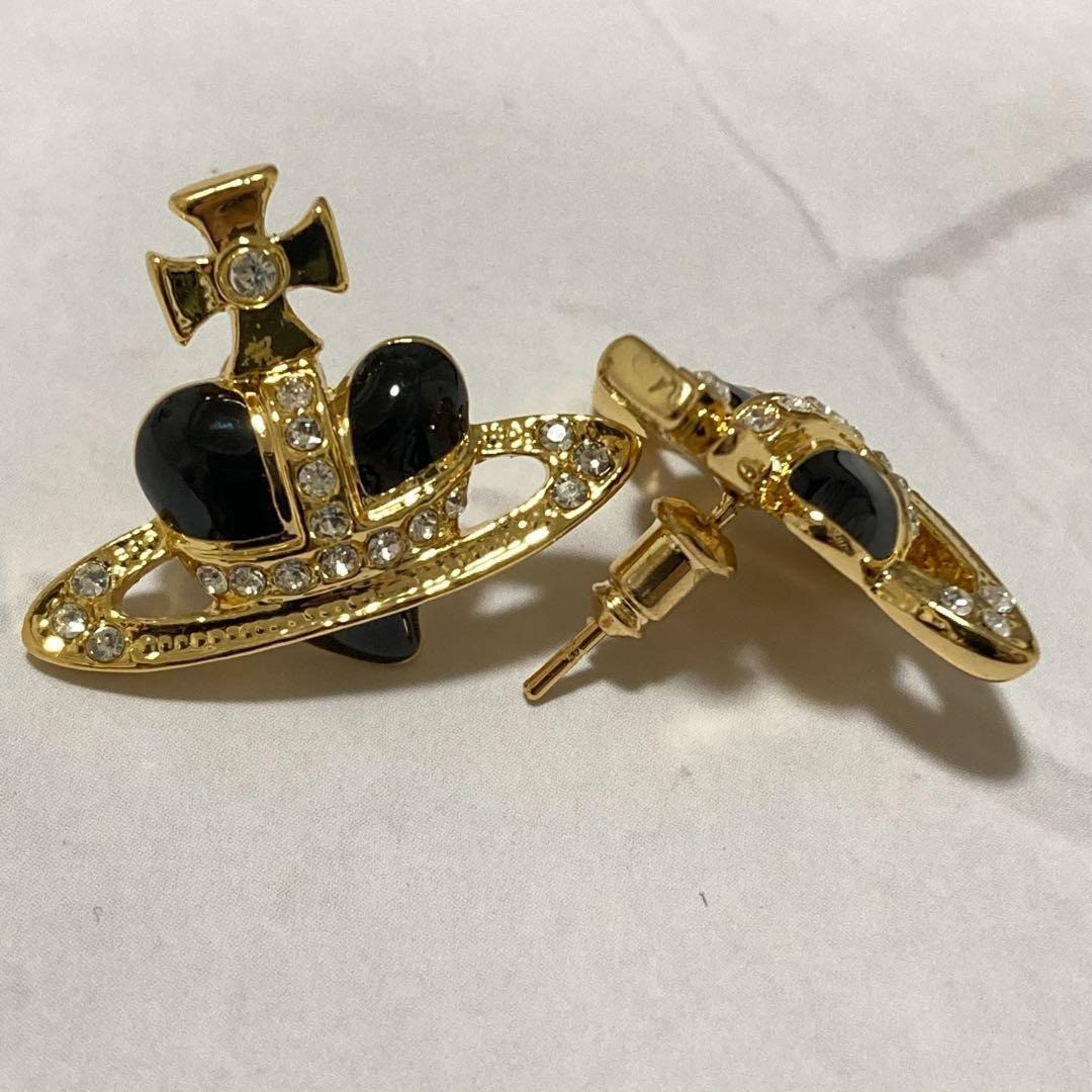 Vivienne Westwood Earrings Pierce Diamante Heart Gold Black 2.5 cm w/drawstring