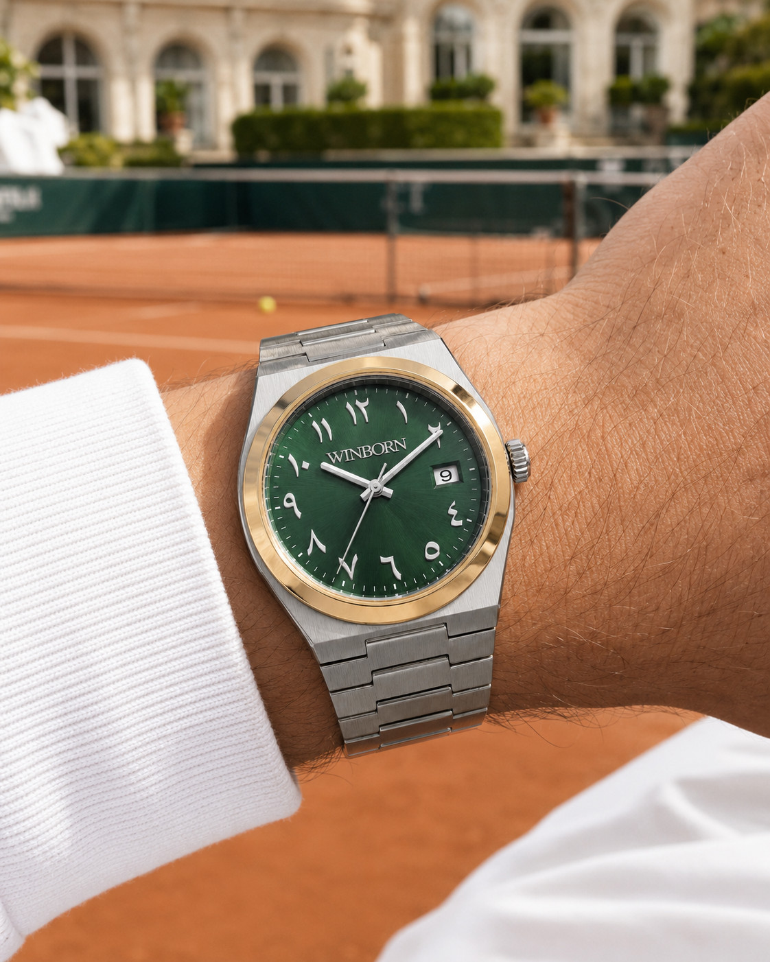 WINBORN Emerald Green Arabic Numeral Date Watch Gold Bezel Bracelet