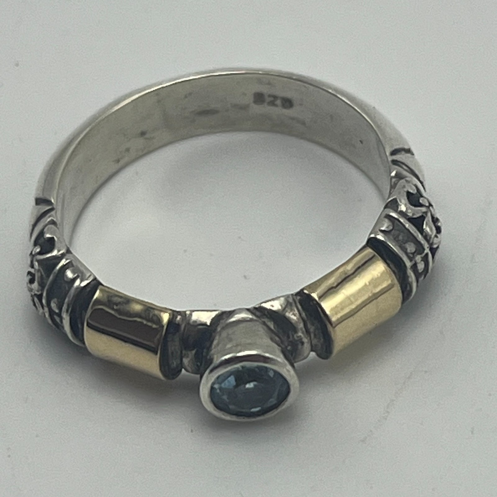 925 Sterling Silver & 14K Gold Blue Topaz Ring Size 7 Artisan Designer Band 4.8g