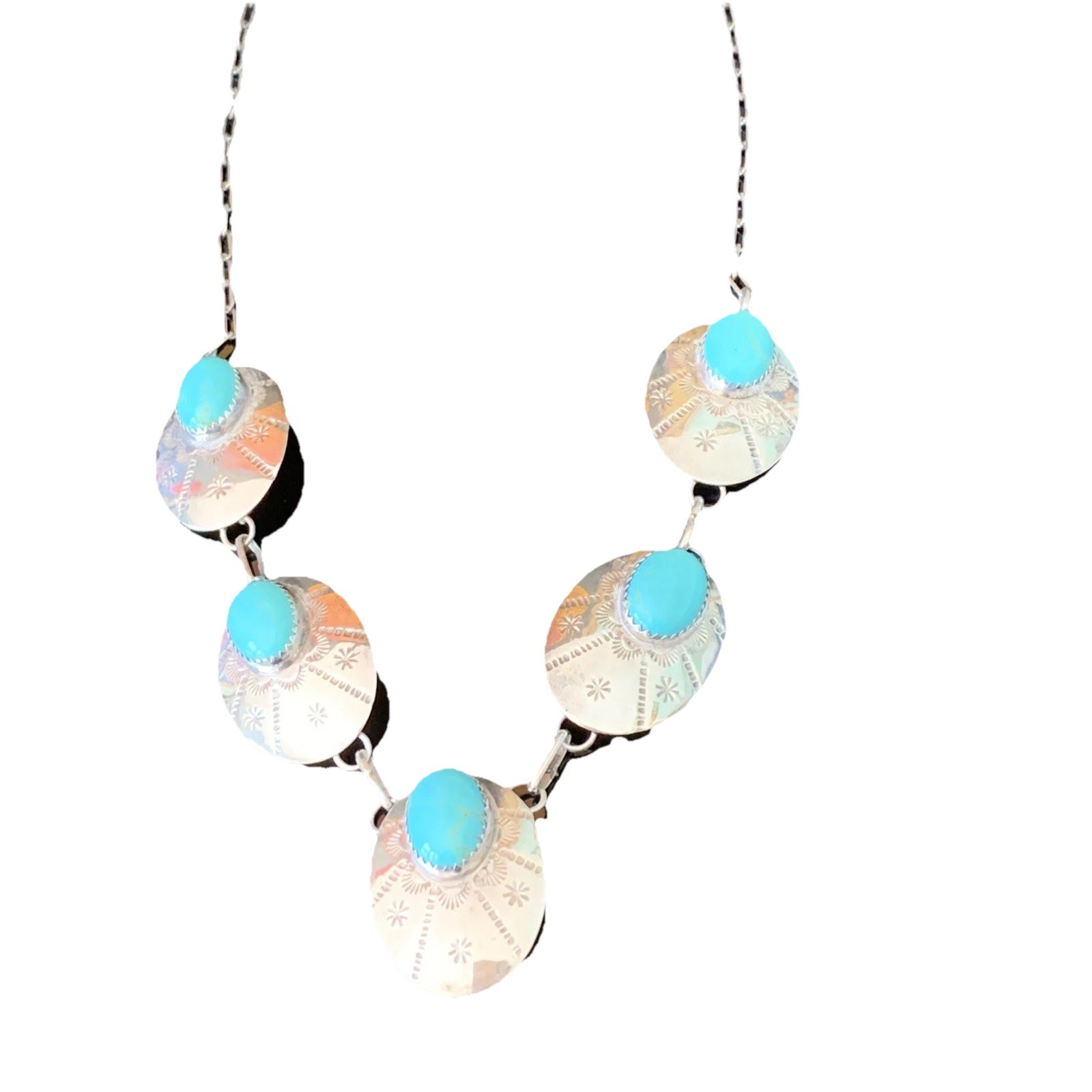 Southwestern Turquoise Stamp Work Sterling Silver Lariat Concho Necklace Vintage