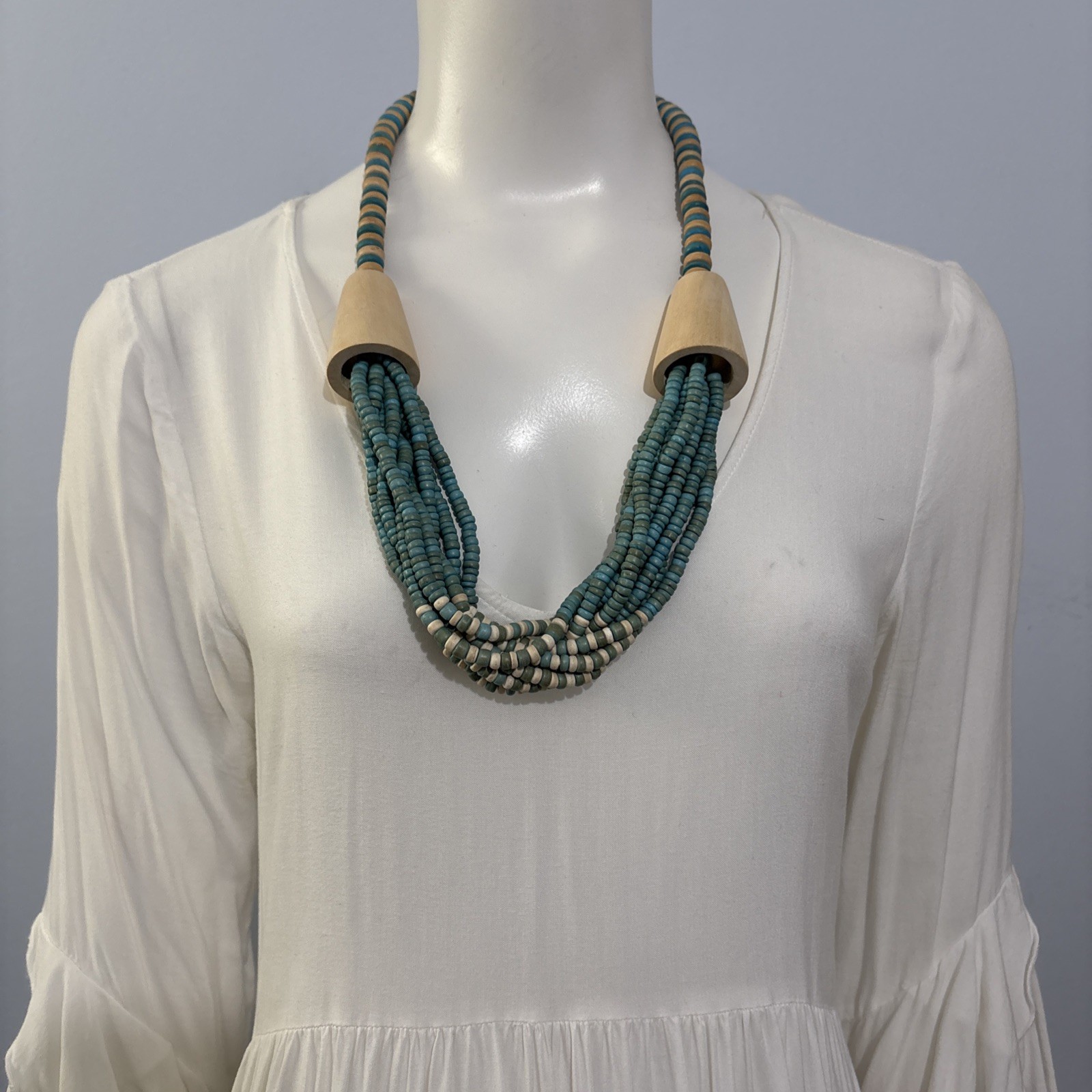 Vintage Exotic Boho Tribal Blue Beige Wood Beads Statement Necklace 26”
