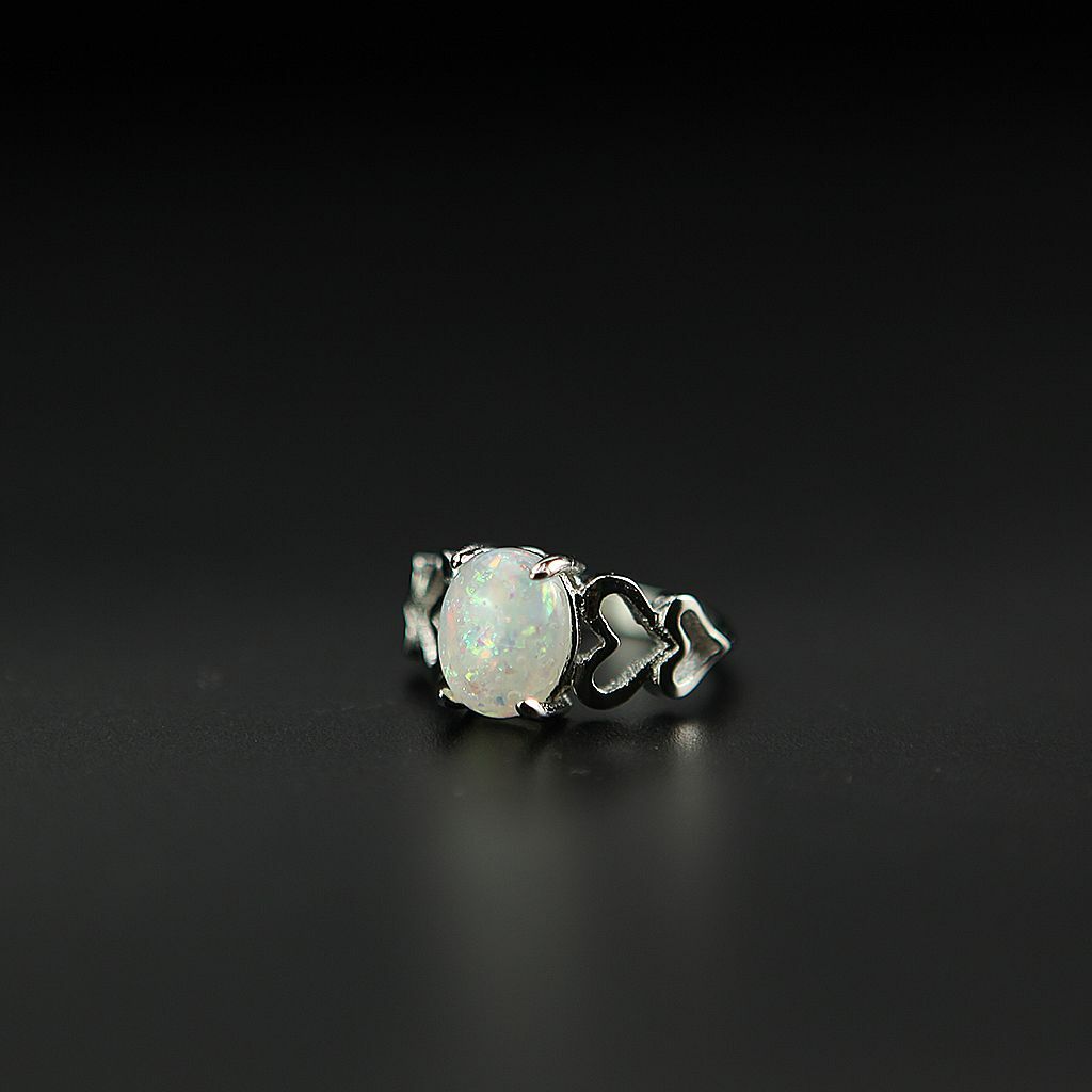 White Opal Love Heart Cutout Promise Ring 925 Sterling Silver Size 6-10 Women