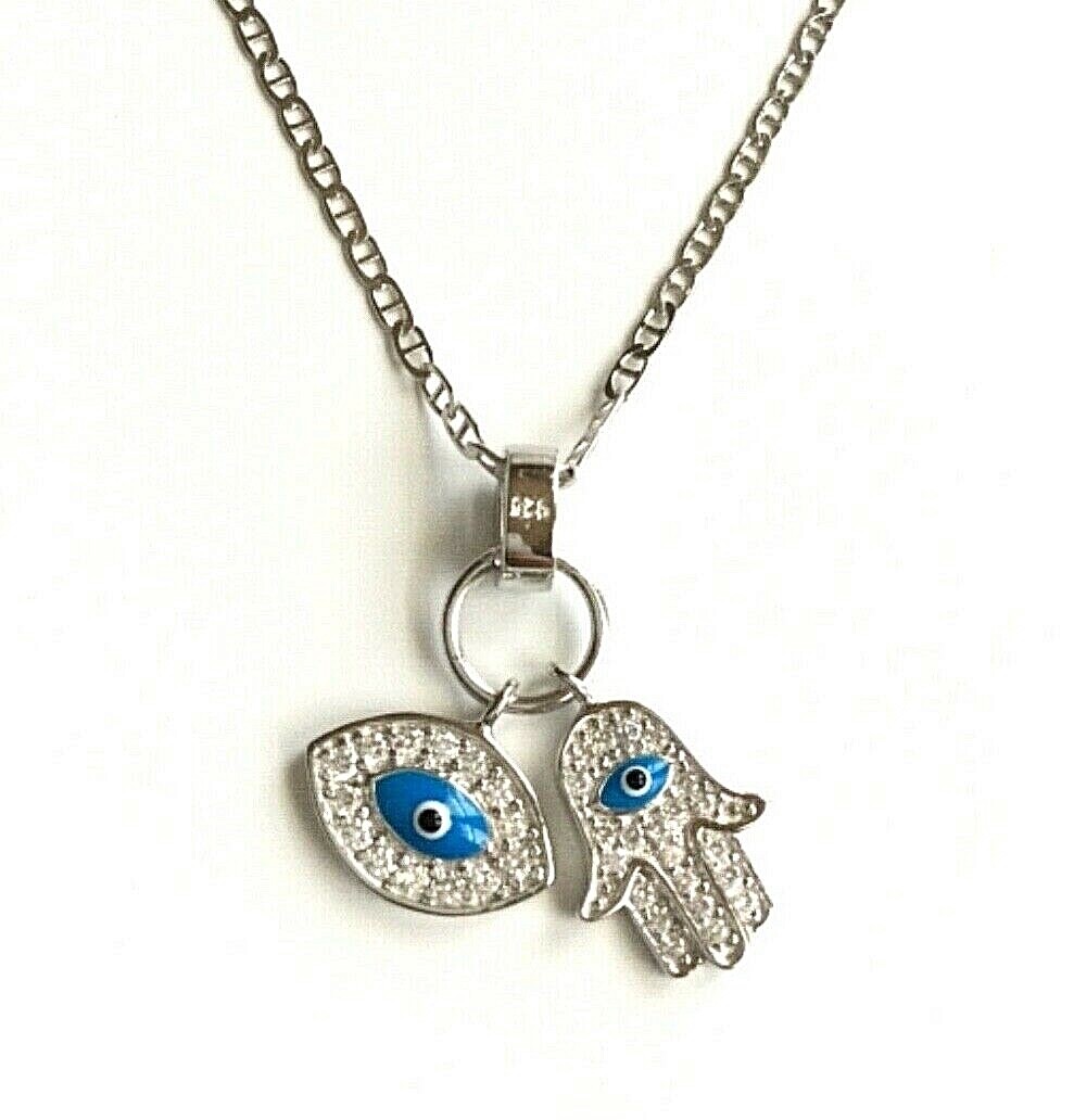 925 SILVER HAMSA EYE MARINER LINK NECKLACE 16″ / CADENA PLATA MANO,OJO-SN14