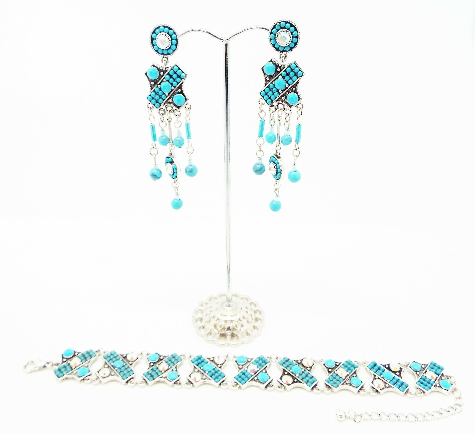 DESIGNER BLUE FAUX TURQUOISE CRYSTAL 6.5 in to 8.5 in BRACELET 2.75 in EARRINGS
