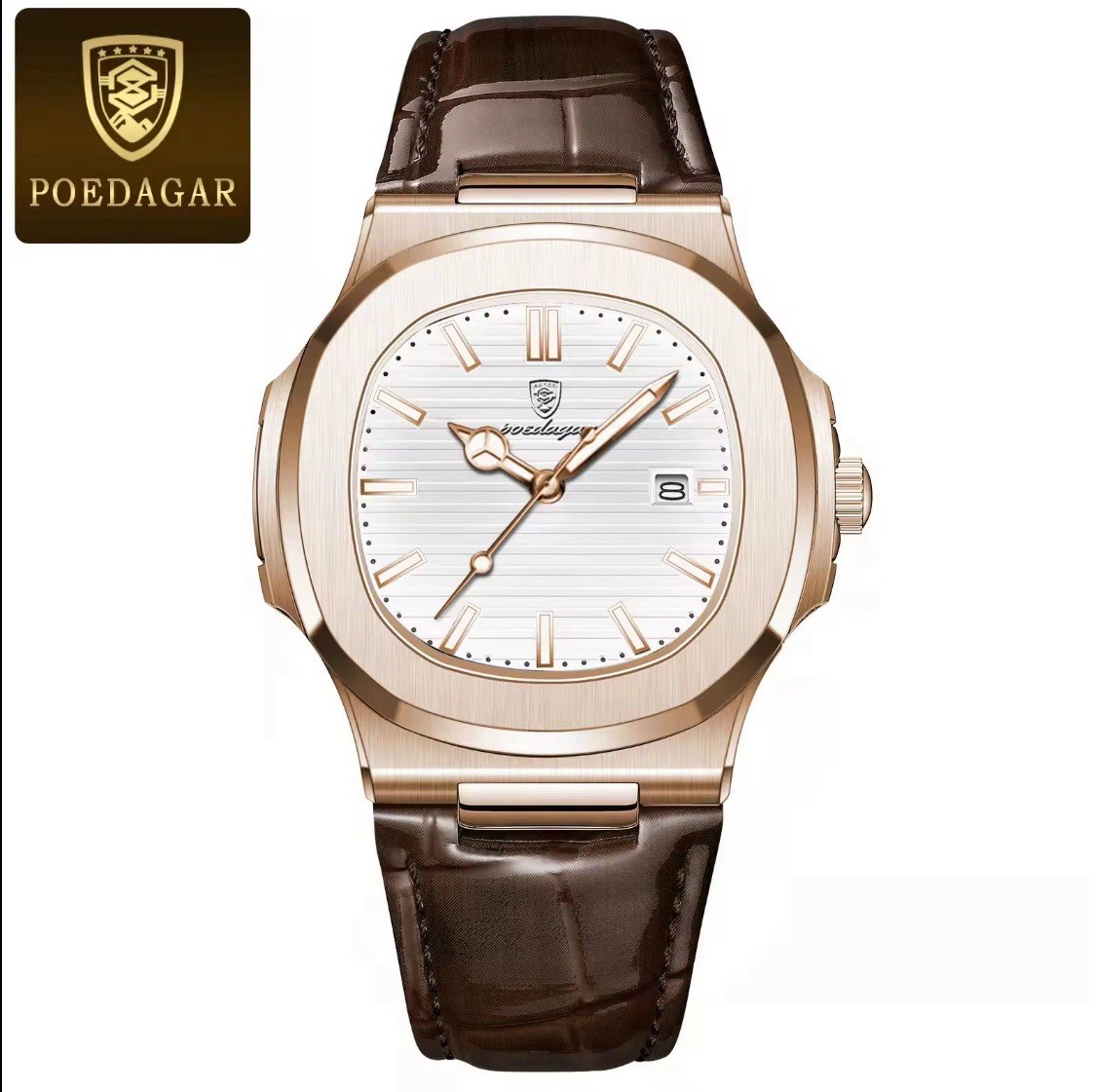Poedagar 613 Men’s Analog Quartz Watch With Date Genuine Leather White Rose Gold