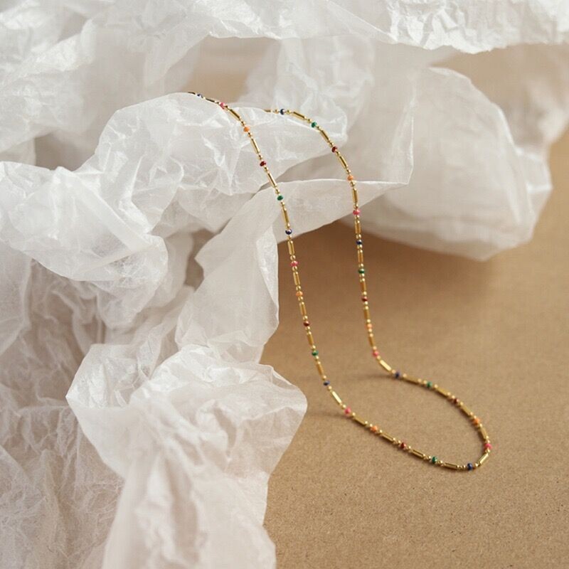 Woman 18K Gold Plated Stainless Steel Enamel Multicolor Bead Oval Necklace Chain