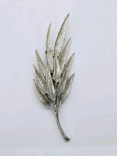 LEAF Brooch Silver tone Modernist Art Deco Estate Jewelry 3.75 in Large Vintage