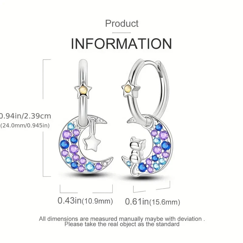 925 Sterling Silver Cat & Star Crescent Moon C/Z Hoop Drop Earrings in Gift Box