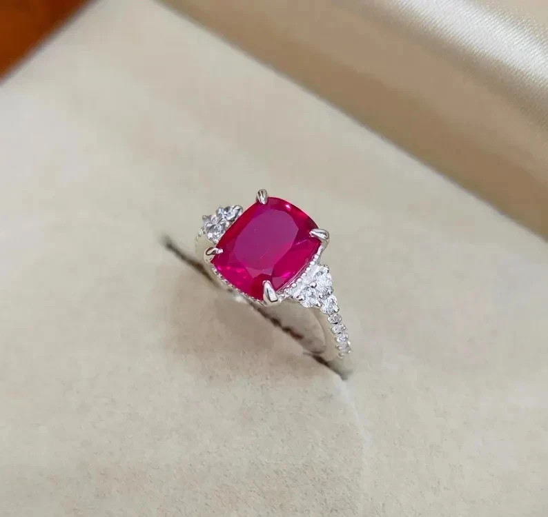 4.80Ct Cushion Cut Natural Red Ruby & Diamond 14K White Gold Engagement Ring