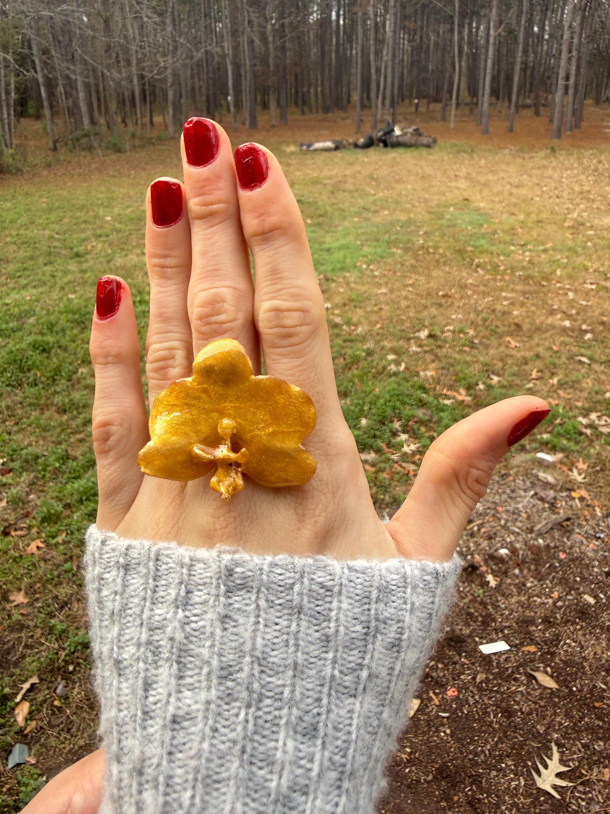 Real Orchid Resin Ring | Preserved Flower | Adjustable Gold Tone Band