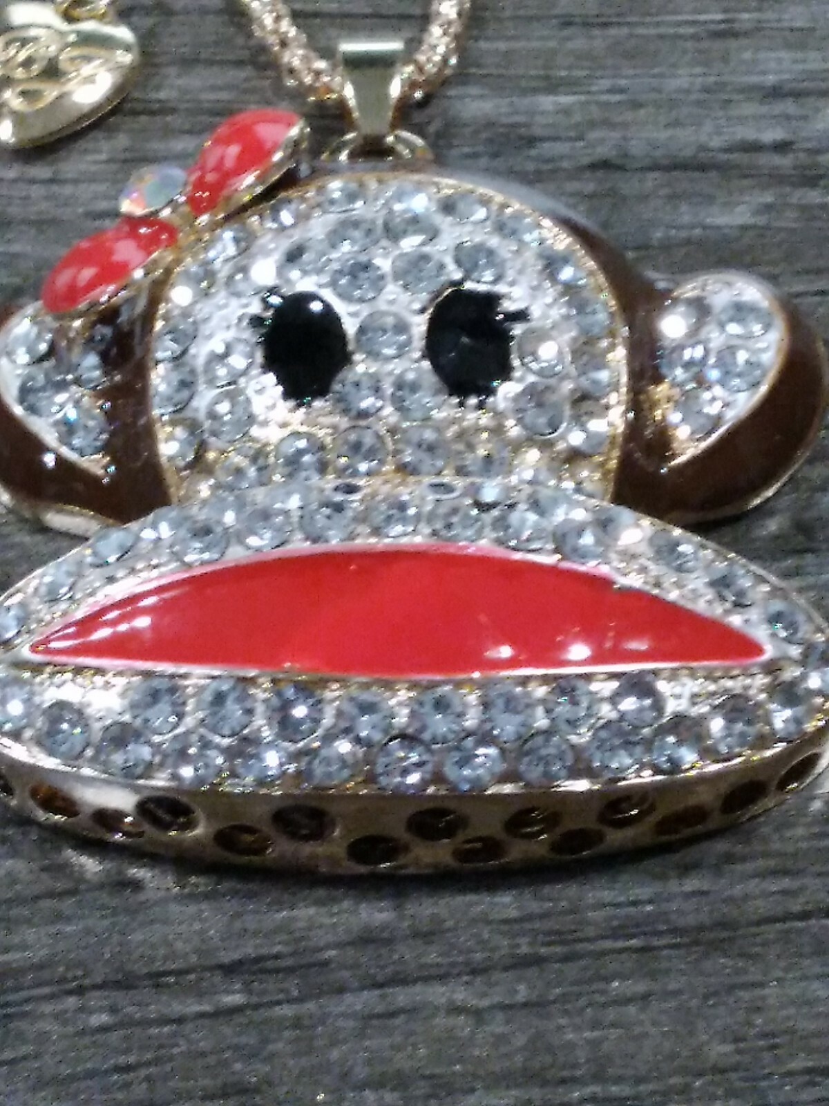 Eclectic Whimsical BROWN CARTOON MONKEY FACE Rhinestone Pendant Necklace