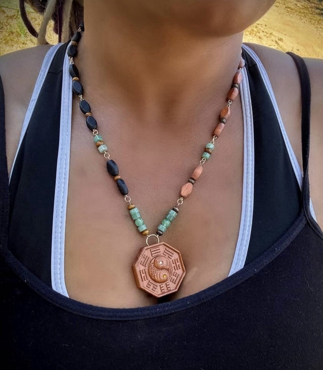 Handmade Necklace w/ Octagon Wood Amulet Pendant, Brown/Black/Green, Toggle.