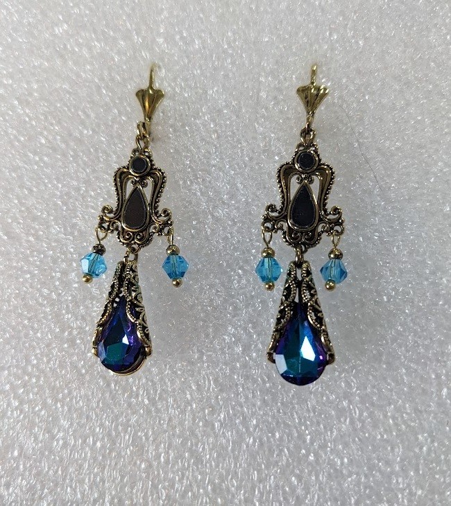 Victorian Style Chandelier Earrings Iridescent Blue Crystals Drop FREE SHIPPING