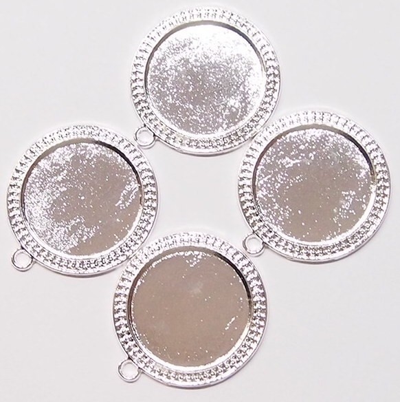 4 of 30mm Round Shiny Silver Victorian Art Deco Beaded Pendant Settings 44x38mm