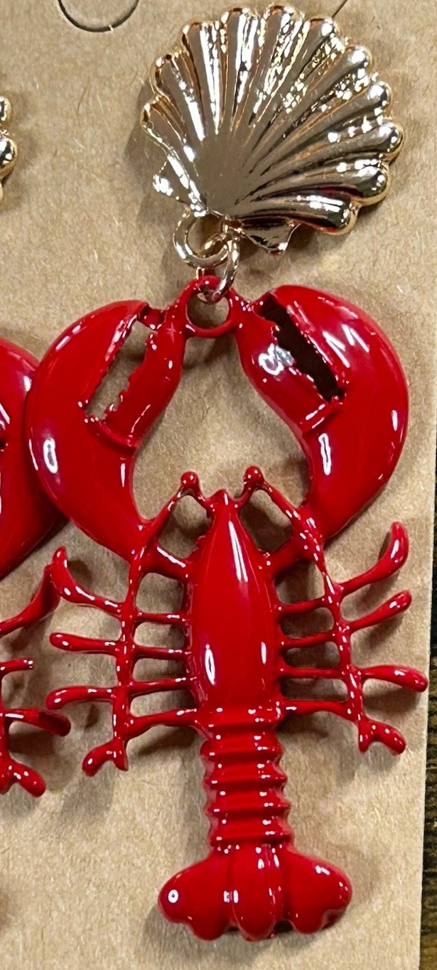 Beautiful Yellow Gold Plated & Red Enamel Lobster Crawfish Stud Earrings Dangle
