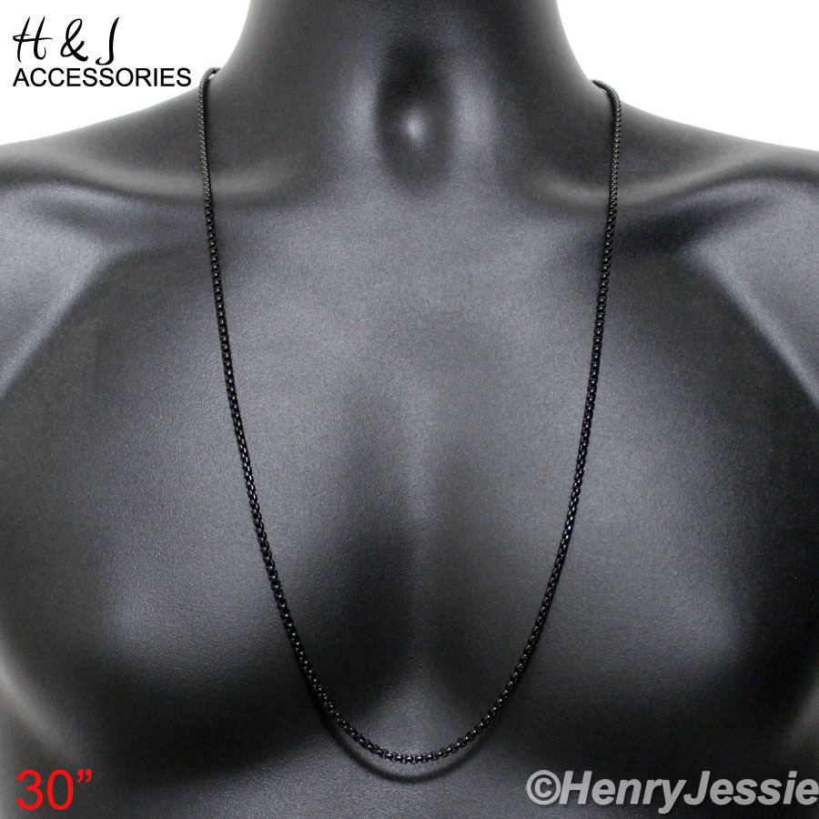 16-36″MEN Stainless Steel 2.5mm Black Plated Smooth Box Link Chain Necklace