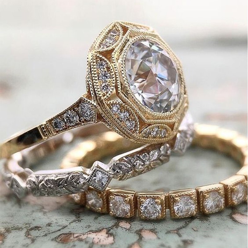 Gold Plated Geometric Vintage Ring Set 2Ct CZ Wedding Trio Set Couple Gifts Band