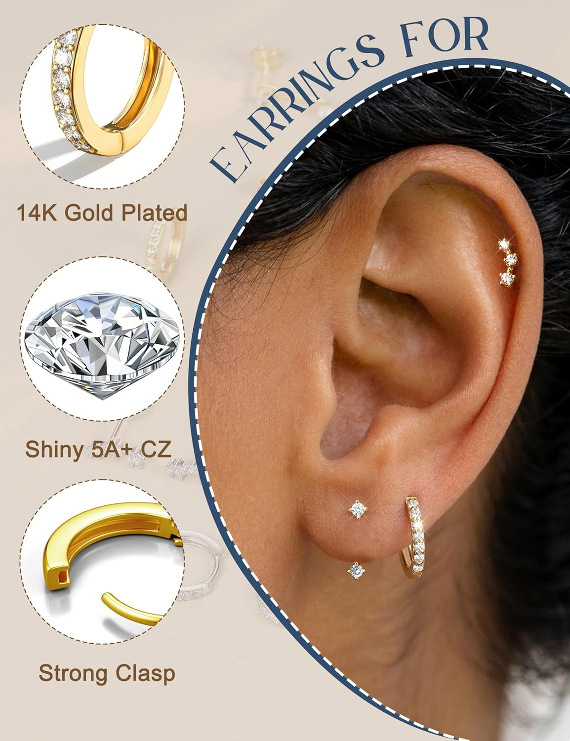 3 Pairs 925 Sterling Silver Hypoallergenic Earrings for Women Trendy – 14K Gold