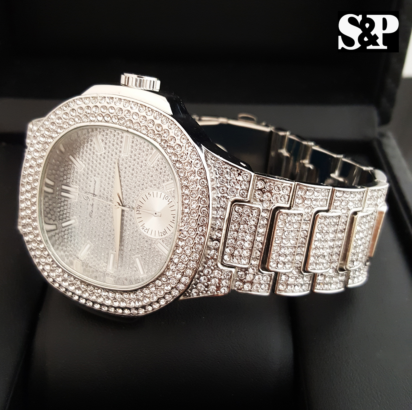 Men’s Luxury Urban Style Bling White Gold PT Simulated Diamond Bracelet Watch