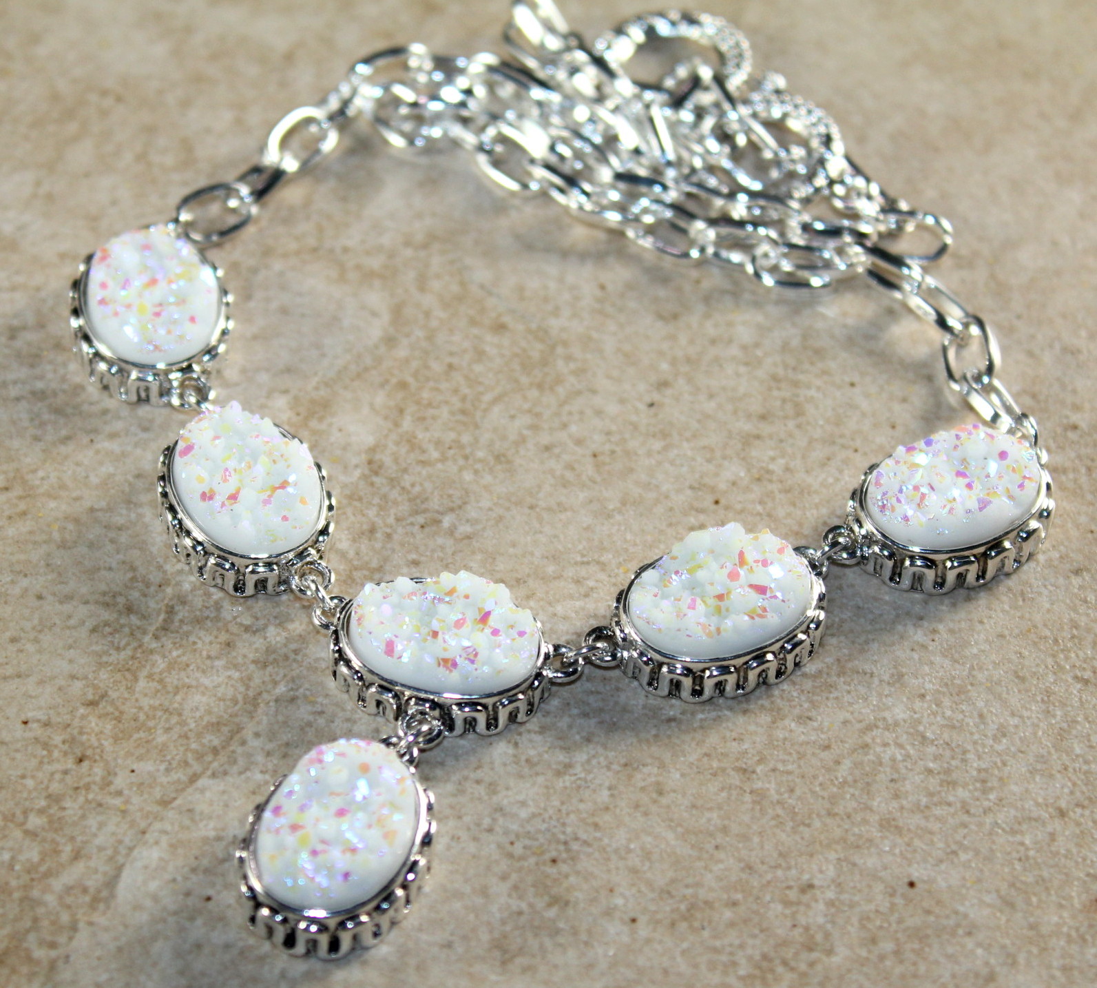 Silver Vintage Style White Rainbow Titanium Druzy Necklace WN10402