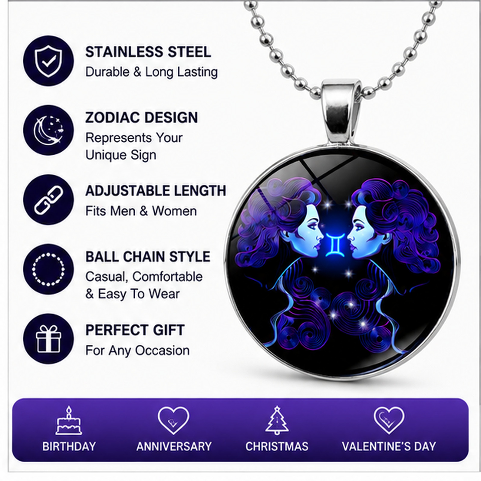 Zodiac Necklace Stainless Steel Ball Chain Astrology Pendant Sign Gift Jewelry