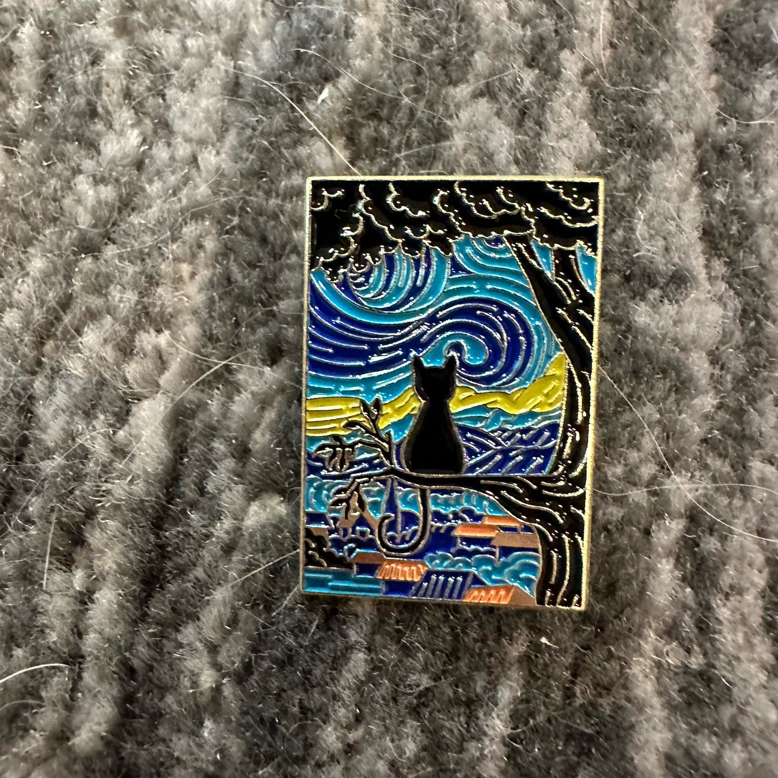 Cat Enamel Pin Starry Night With Black Cat In Tree Kitten Lapel Cat Lady Gift