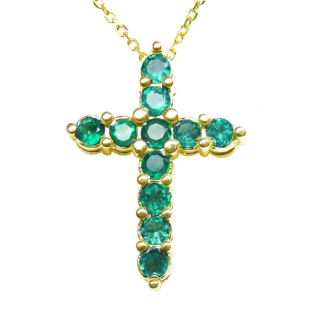 14K Natural Emerald Cross Pendant Necklace 18″ inch