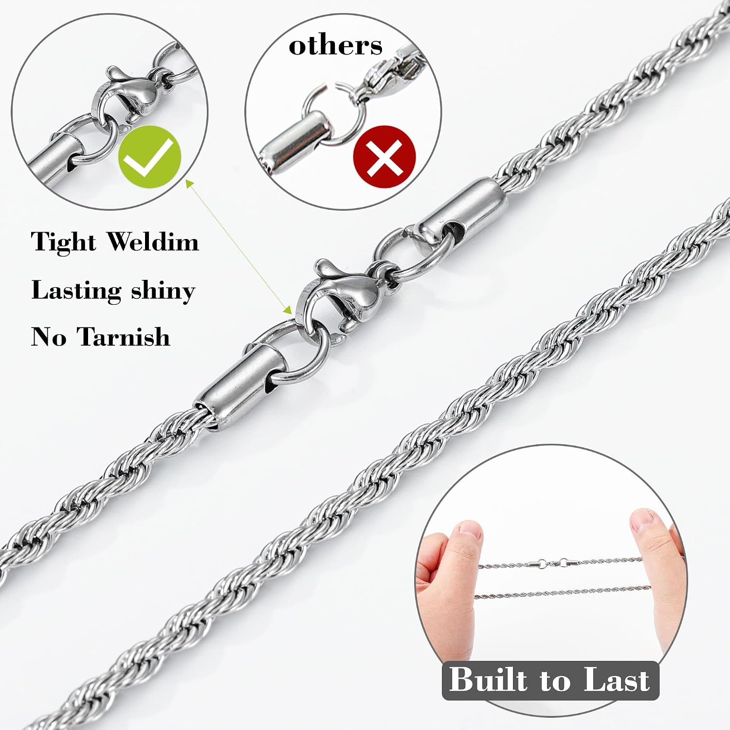 Cross Necklace for Boys Mens Stainless Steel Twisted Rope Chain Cross Pendant Ru
