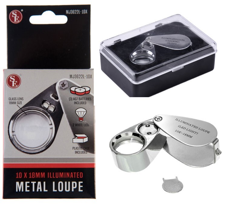 SE 10x18MM Illuminated Metal Jewelers Loupe in Plastic Box – MJ3622L-10x