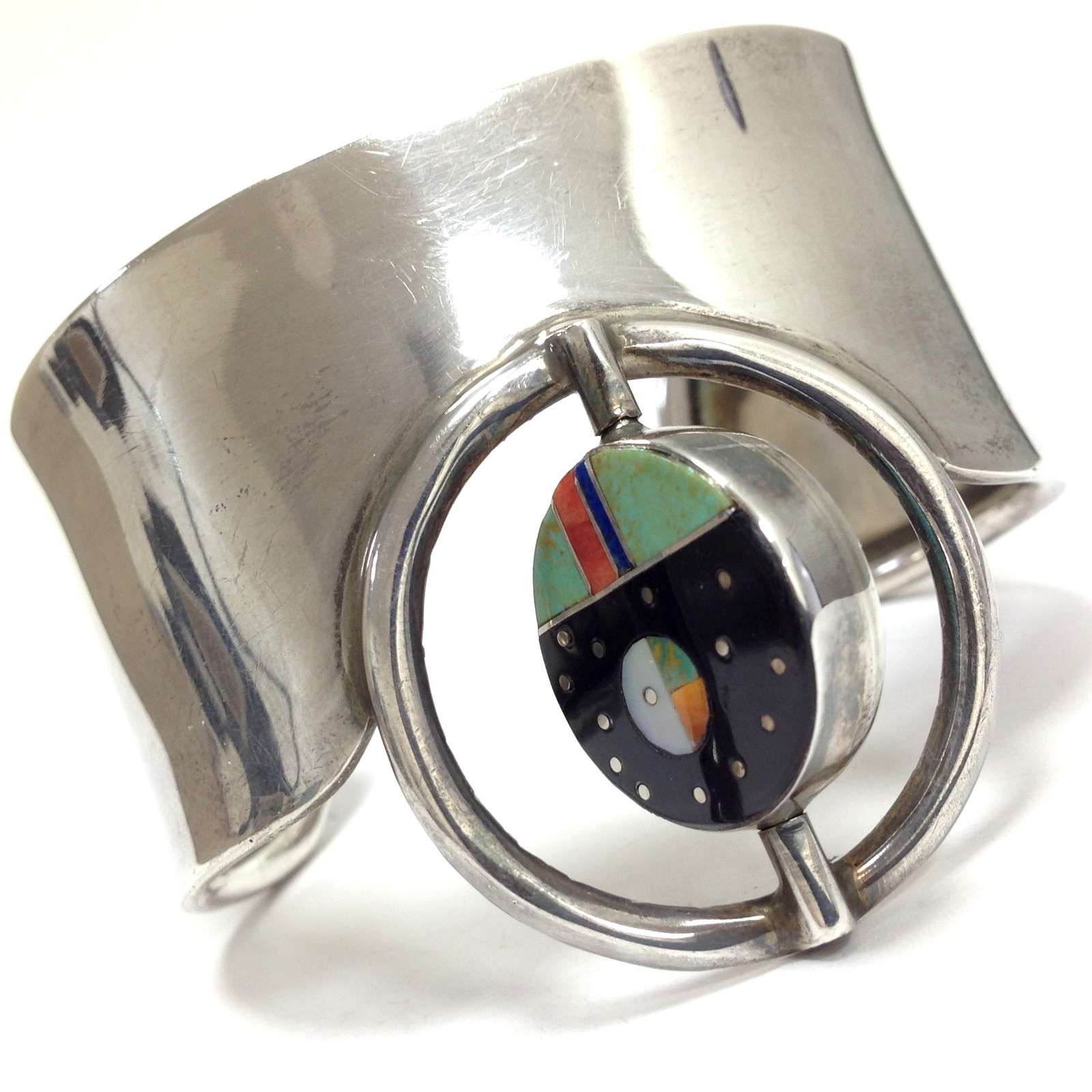 F.J. Henry Signed Storyteller Multi Stone Inlay & Kokopelli Spinner Wide Cuff