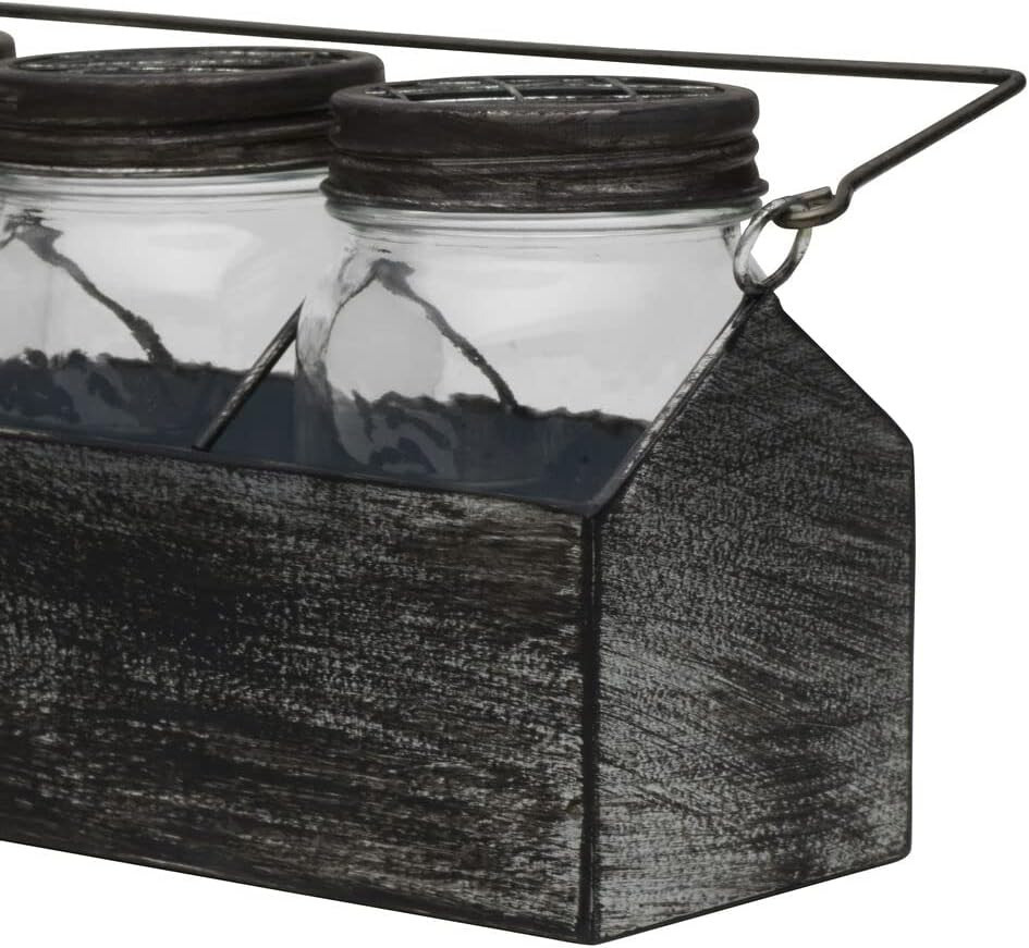Three Glass Mason Jar in Metal Carrier Décor, Distressed Finish, 10.83X3.54X7.09