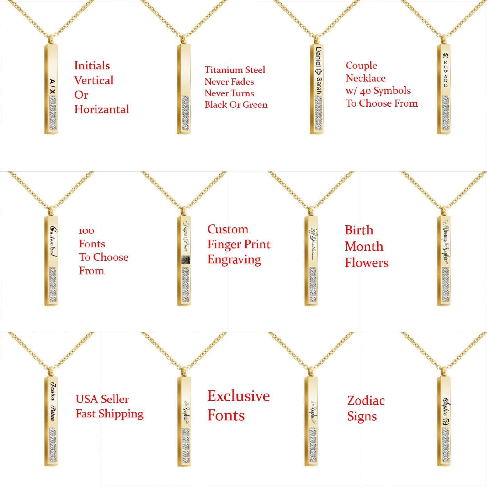 Personalized Vertical Crystal Bar Necklace, Custom Engraved 3D Name Necklace
