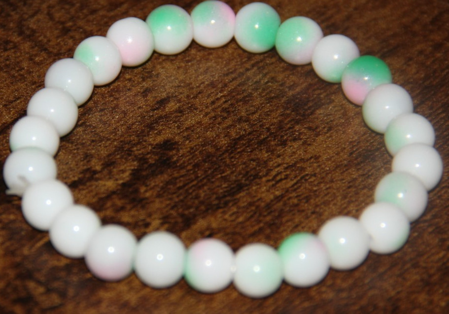 White Green Pink Splotch Round Glass Bead Stretch Bracelet Fashion Jewelry Boho