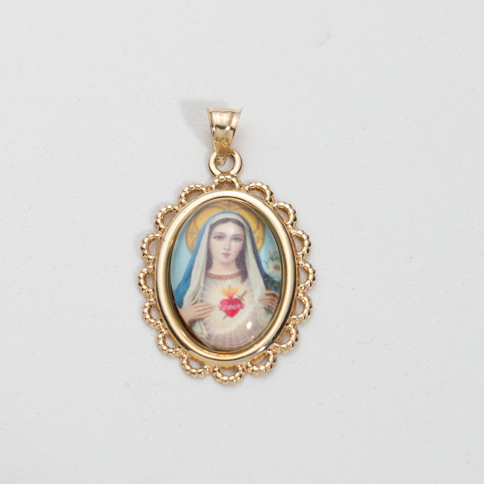 Pendant 14K Gold Dome Sacred Heart of Mary Picture 1 3/8″ Yellow Gold