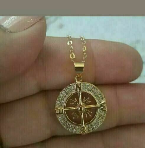 2Ct Round Cut Simulated Diamond Compass Charm Pendant In 14K Yellow Gold Plated