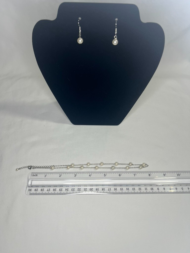 4Pc Faux Pearl Jewelry Set Layered Station Chain Necklace Dangle Earrings Silver