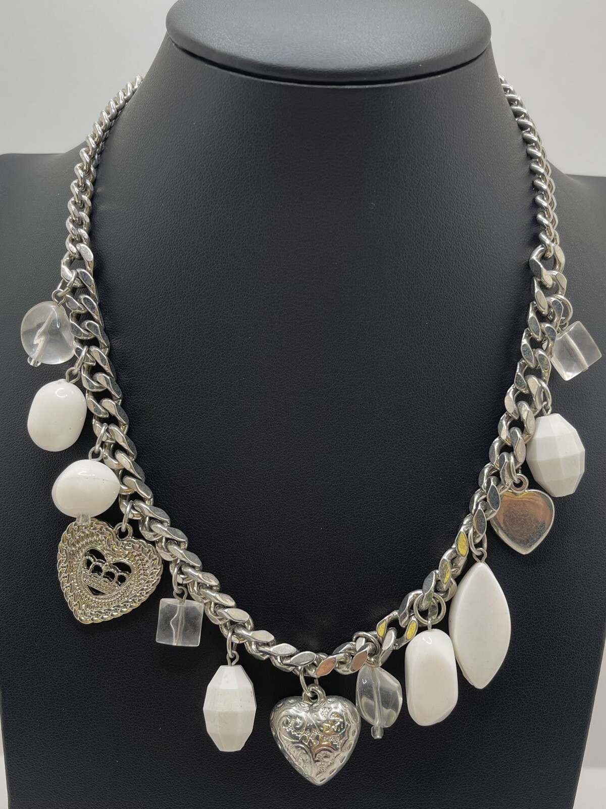 Vintage BIJOUX TERNER Silver Tone Heart & White Beaded 17″ Statement Necklace
