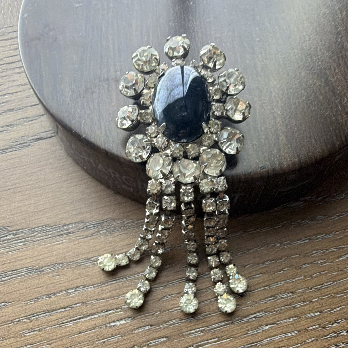Trifari Signed Silver Tone Black Oval Glass Rhinestone Dangle Brooch Pin