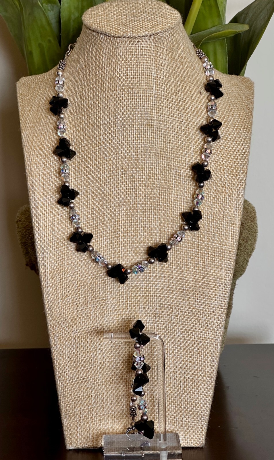 Sterling Silver Necklace Bracelet Set Clear & Black Beads Rhinestones Rondels