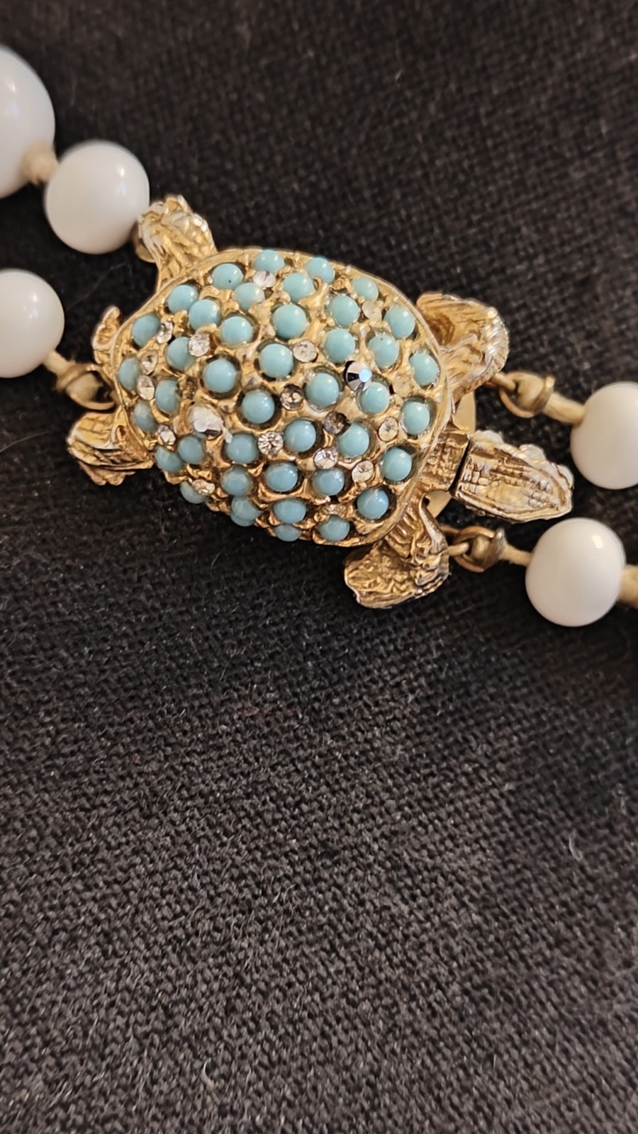 Wh Vtg Knotted Bead Dbl Strand Choker Necklace Rhinestone Seed Bead Turtle Clasp